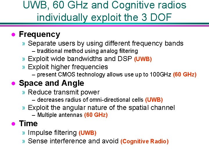 UWB, 60 GHz and Cognitive radios individually exploit the 3 DOF l Frequency »