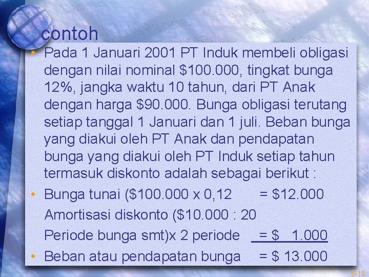 contoh • Pada 1 Januari 2001 PT Induk membeli obligasi dengan nilai nominal $100.