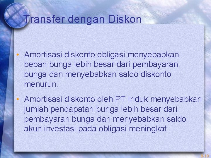 Transfer dengan Diskon • Amortisasi diskonto obligasi menyebabkan beban bunga lebih besar dari pembayaran