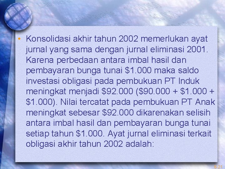  • Konsolidasi akhir tahun 2002 memerlukan ayat jurnal yang sama dengan jurnal eliminasi
