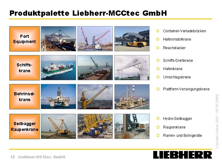 Produktpalette Liebherr-MCCtec Gmb. H Container-Verladebrücken Port Equipment Hafenmobilkrane Reachstacker Schiffs-Drehkrane Schiffskrane Hafenkrane Umschlagskrane Bohrinselkrane