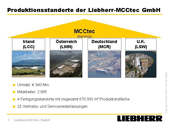 Produktionsstandorte der Liebherr-MCCtec Gmb. H MCCtec (Nenzing) Österreich (LWN) Deutschland (MCR) < Umsatz: €