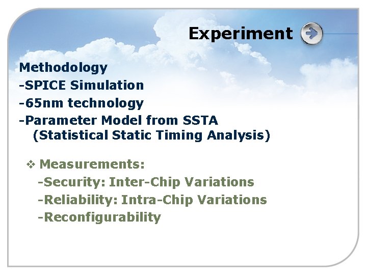 Experiment Methodology -SPICE Simulation -65 nm technology -Parameter Model from SSTA (Statistical Static Timing