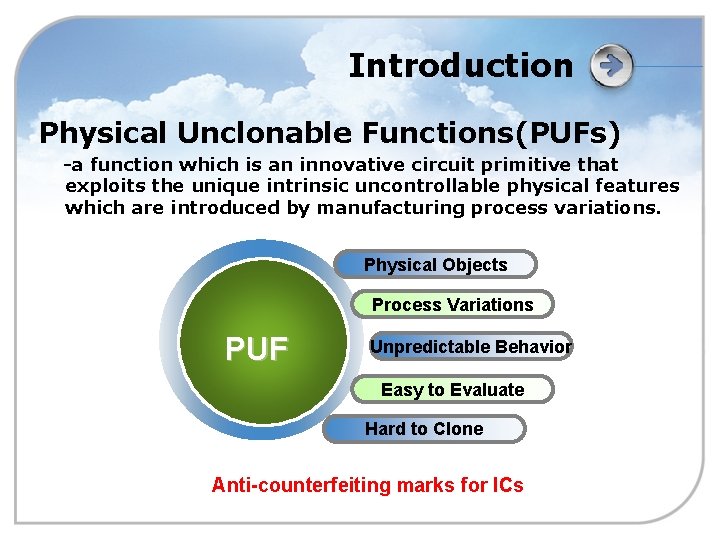 Introduction Physical Unclonable Functions(PUFs) -a function which is an innovative circuit primitive that exploits