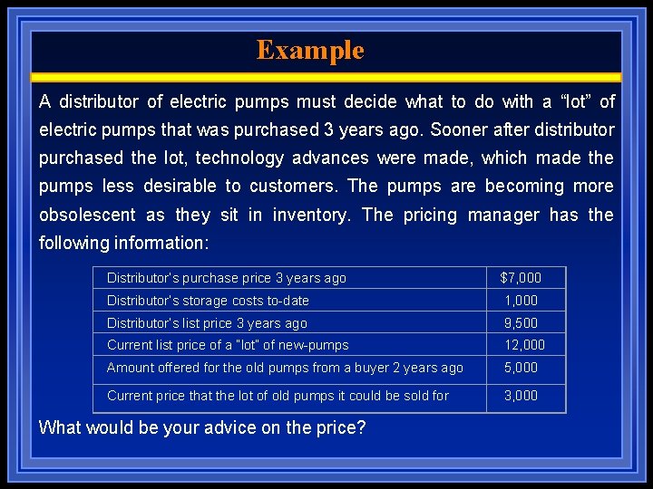 Example A distributor of electric pumps must decide what to do with a “lot”