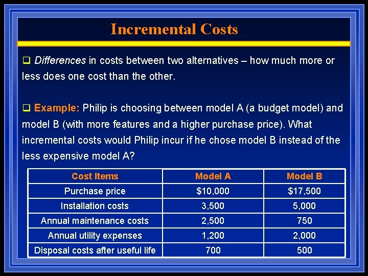 Incremental Costs q Differences in costs between two alternatives – how much more or