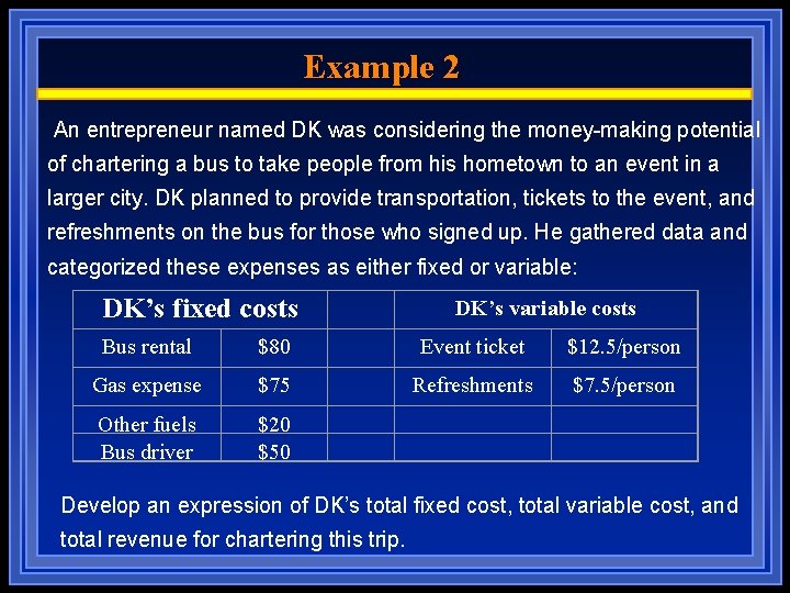 Example 2 An entrepreneur named DK was considering the money-making potential of chartering a