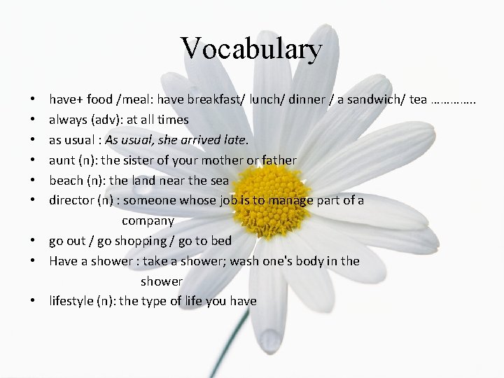 Vocabulary have+ food /meal: have breakfast/ lunch/ dinner / a sandwich/ tea …………. .
