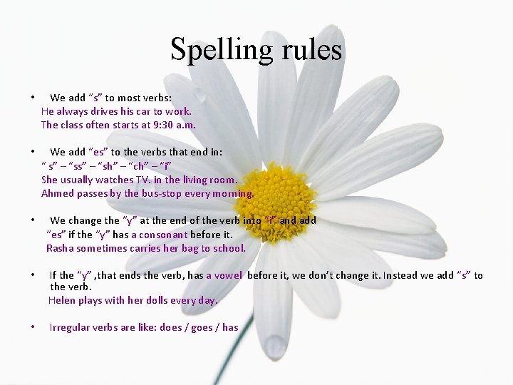 Spelling rules • We add “s” to most verbs: He always drives his car