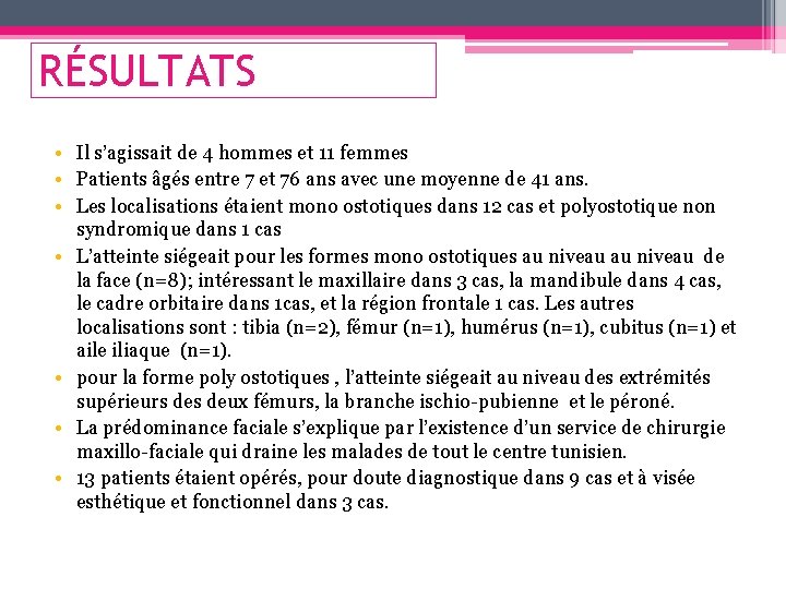 RÉSULTATS • Il s’agissait de 4 hommes et 11 femmes • Patients âgés entre