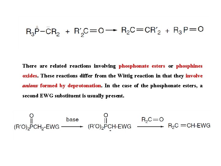 There are related reactions involving phosphonate esters or phosphines oxides. These reactions differ from