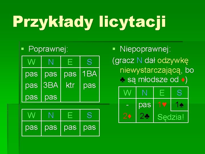 Przykłady licytacji § Poprawnej: W pas pas N E S pas 1 BA 3