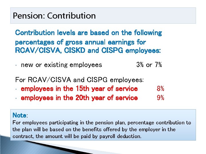 Pension: Contribution levels are based on the following percentages of gross annual earnings for