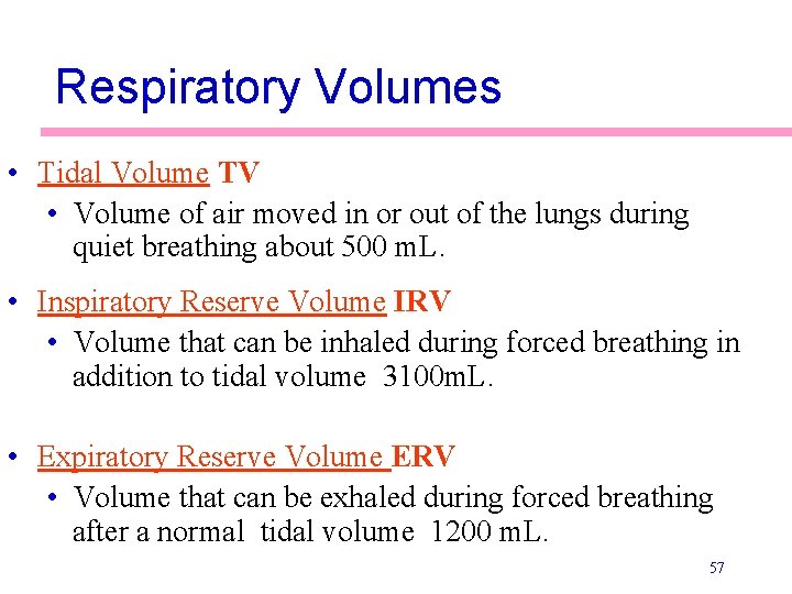 Respiratory Volumes • Tidal Volume TV • Volume of air moved in or out