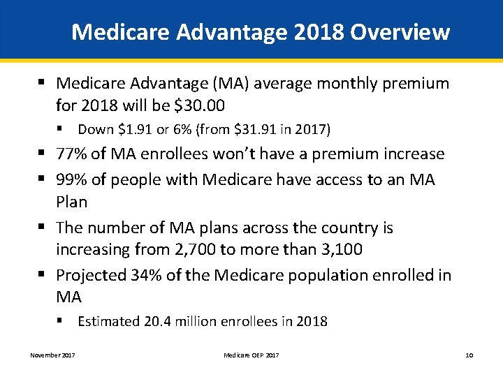  Medicare Advantage 2018 Overview § Medicare Advantage (MA) average monthly premium for 2018