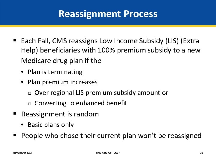 Reassignment Process § Each Fall, CMS reassigns Low Income Subsidy (LIS) (Extra Help) beneficiaries