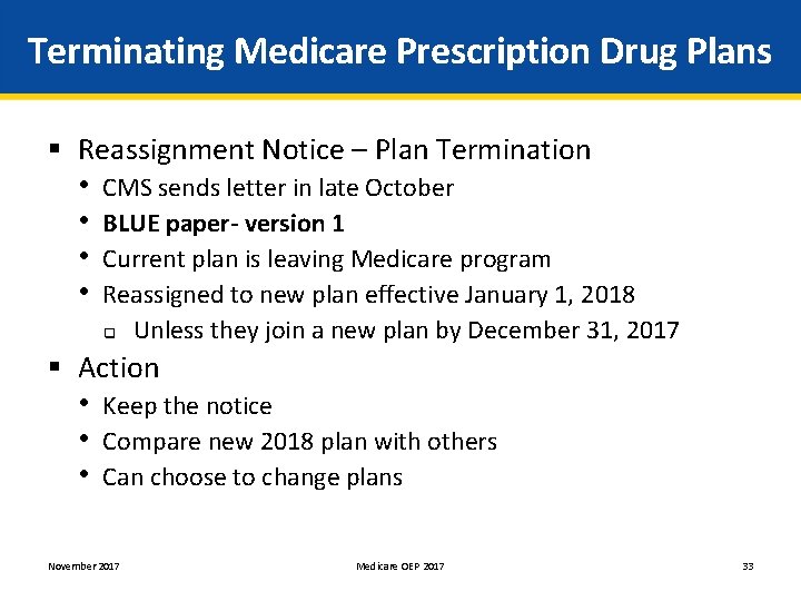 Terminating Medicare Prescription Drug Plans § Reassignment Notice – Plan Termination • CMS sends