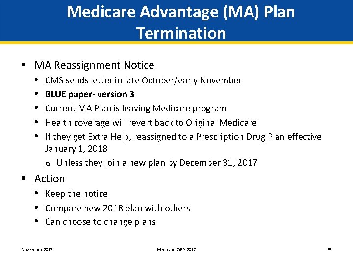 Medicare Advantage (MA) Plan Termination § MA Reassignment Notice • CMS sends letter in