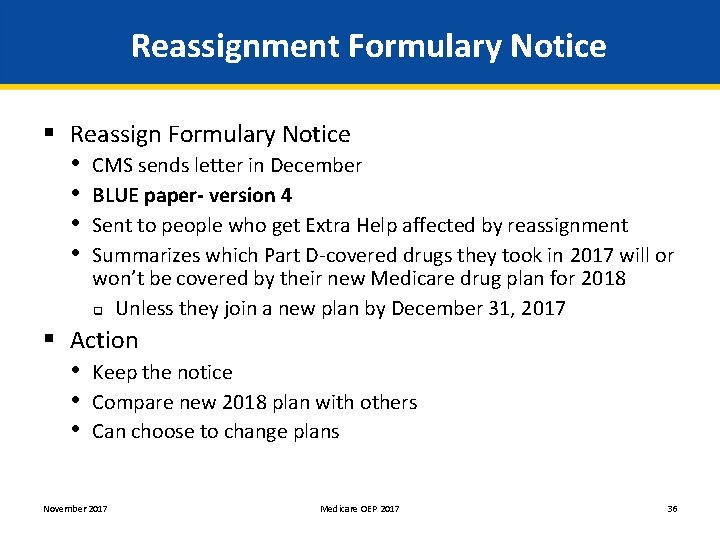 Reassignment Formulary Notice § Reassign Formulary Notice • CMS sends letter in December •