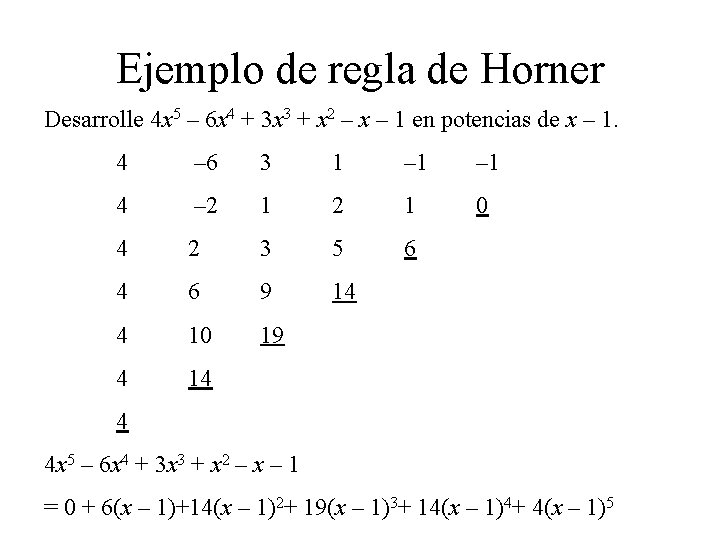 Ejemplo de regla de Horner Desarrolle 4 x 5 – 6 x 4 +