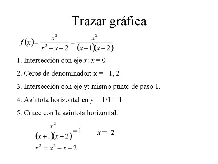 Trazar gráfica 1. Intersección con eje x: x = 0 2. Ceros de denominador: