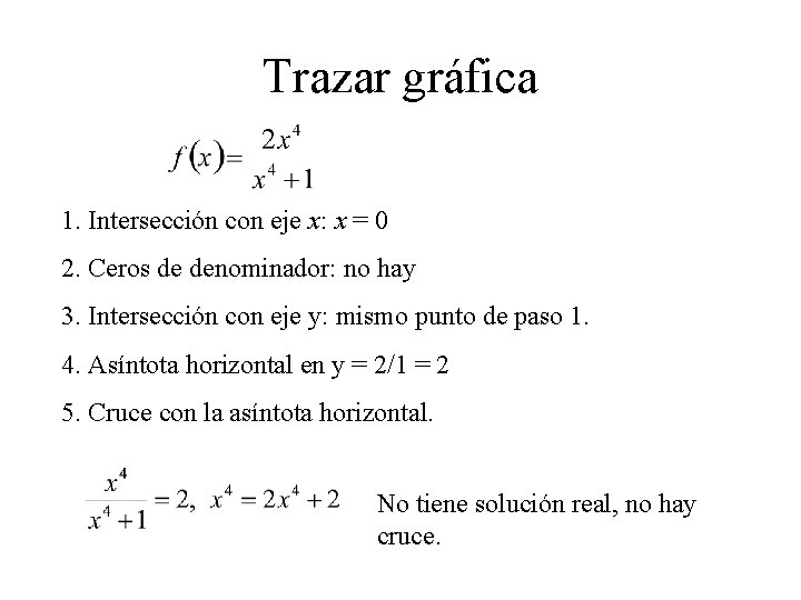 Trazar gráfica 1. Intersección con eje x: x = 0 2. Ceros de denominador: