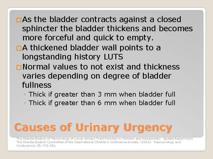 �As the bladder contracts against a closed sphincter the bladder thickens and becomes more