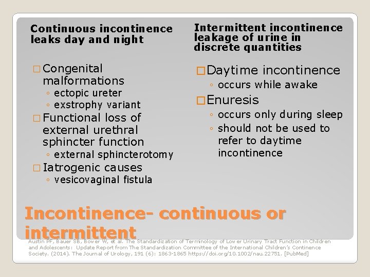 Continuous incontinence leaks day and night Intermittent incontinence leakage of urine in discrete quantities