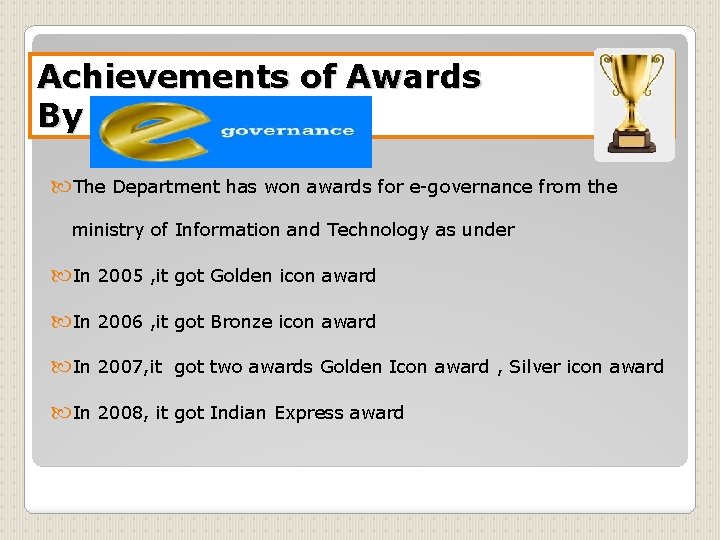 Achievements of Awards By E-Governance The Department has won awards for e-governance from the