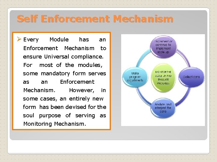 Self Enforcement Mechanism Ø Every Module has an Enforcement Mechanism to ensure Universal compliance.