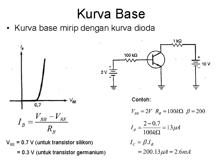 Kurva Base • Kurva base mirip dengan kurva dioda Contoh: VBE = 0. 7