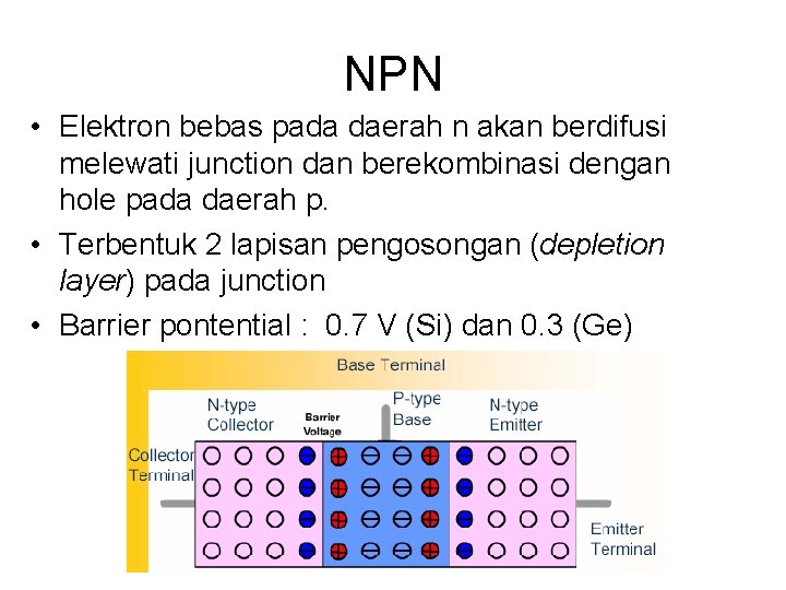 NPN • Elektron bebas pada daerah n akan berdifusi melewati junction dan berekombinasi dengan