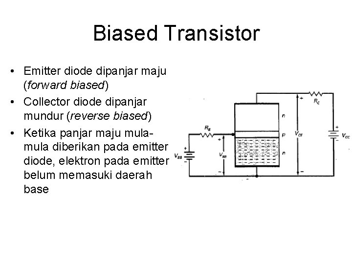 Biased Transistor • Emitter diode dipanjar maju (forward biased) • Collector diode dipanjar mundur