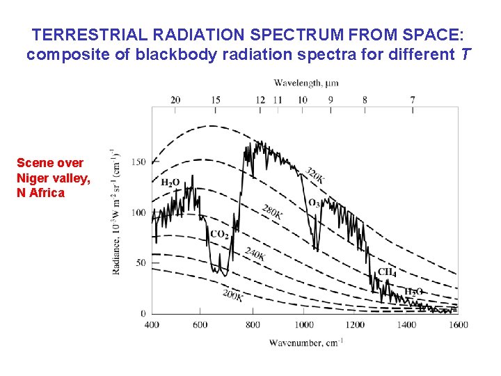 TERRESTRIAL RADIATION SPECTRUM FROM SPACE: composite of blackbody radiation spectra for different T Scene