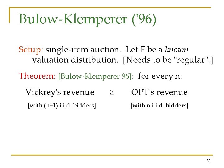 Bulow-Klemperer ('96) Setup: single-item auction. Let F be a known valuation distribution. [Needs to