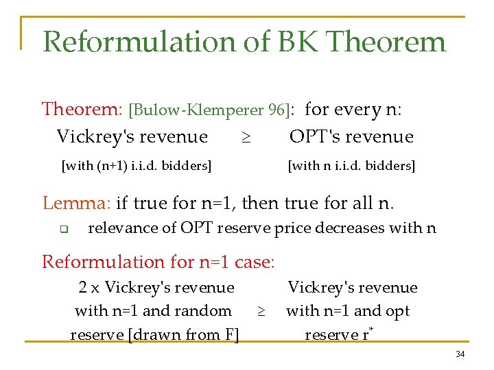 Reformulation of BK Theorem: [Bulow-Klemperer 96]: for every n: Vickrey's revenue ≥ OPT's revenue