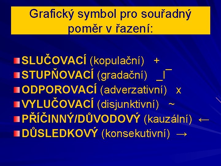 Grafický symbol pro souřadný poměr v řazení: SLUČOVACÍ (kopulační) + STUPŇOVACÍ (gradační) _I¯ ODPOROVACÍ Grafický symbol pro souřadný poměr v řazení: SLUČOVACÍ (kopulační) + STUPŇOVACÍ (gradační) _I¯ ODPOROVACÍ