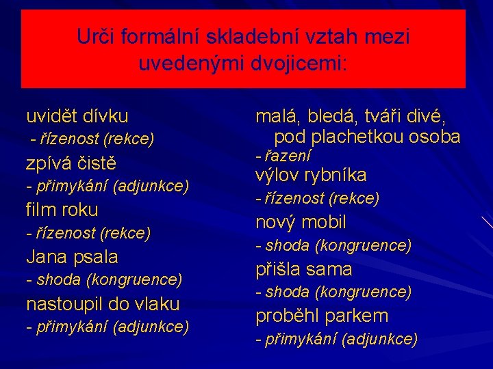 Urči formální skladební vztah mezi uvedenými dvojicemi: uvidět dívku - řízenost (rekce) zpívá čistě Urči formální skladební vztah mezi uvedenými dvojicemi: uvidět dívku - řízenost (rekce) zpívá čistě