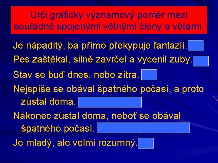 Urči graficky významový poměr mezi souřadně spojenými větnými členy a větami. Je nápaditý, ba