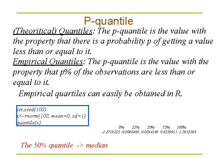 P-quantile (Theoritical) Quantiles: The p-quantile is the value with the property that there is