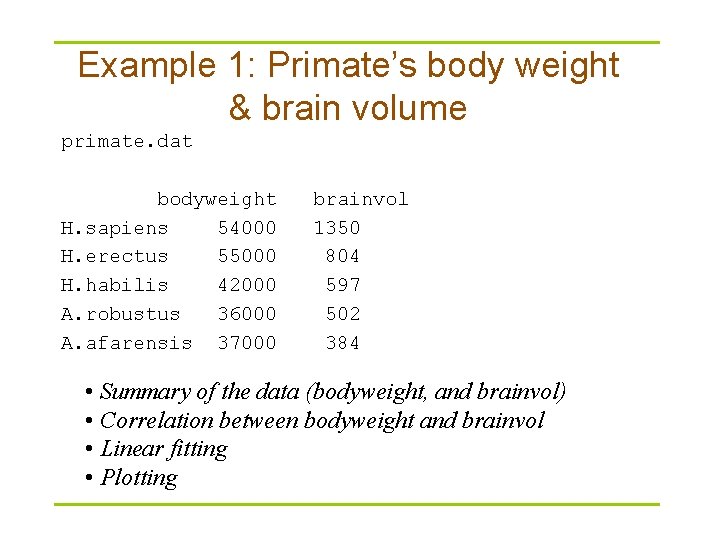 Example 1: Primate’s body weight & brain volume primate. dat bodyweight H. sapiens 54000 Example 1: Primate’s body weight & brain volume primate. dat bodyweight H. sapiens 54000