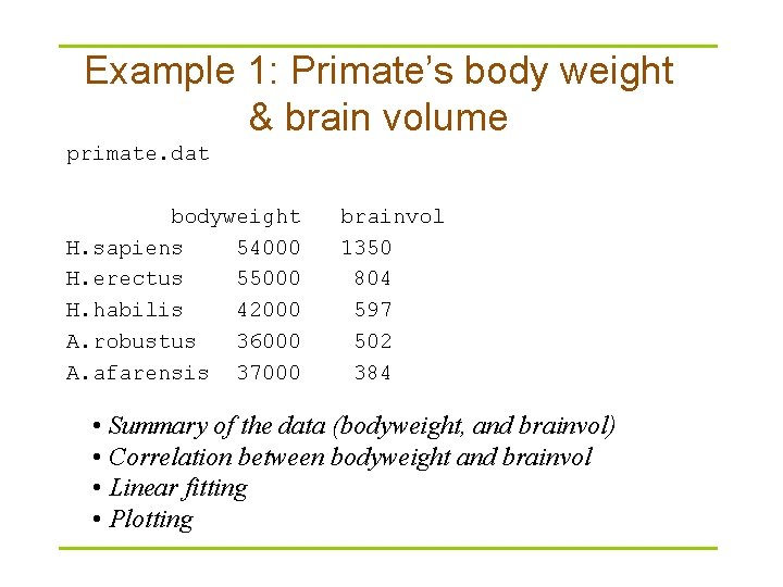 Example 1: Primate’s body weight & brain volume primate. dat bodyweight H. sapiens 54000