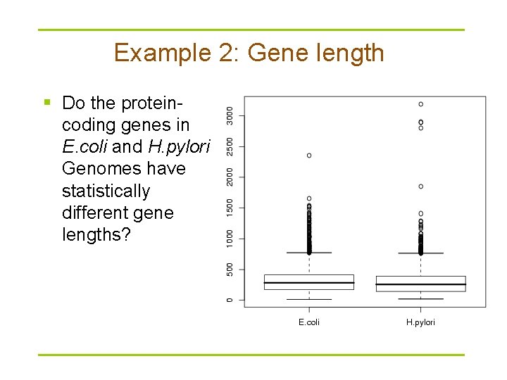 Example 2: Gene length § Do the proteincoding genes in E. coli and H.