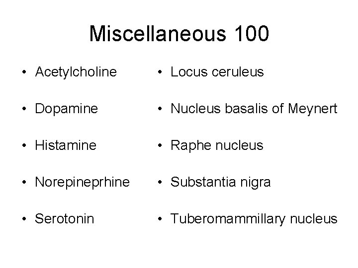 Miscellaneous 100 • Acetylcholine • Locus ceruleus • Dopamine • Nucleus basalis of Meynert Miscellaneous 100 • Acetylcholine • Locus ceruleus • Dopamine • Nucleus basalis of Meynert