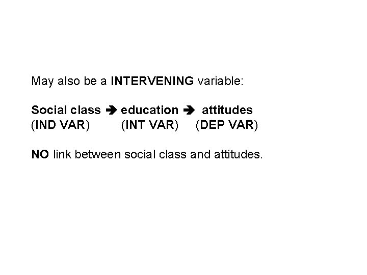 May also be a INTERVENING variable: Social class education attitudes (IND VAR) (INT VAR)