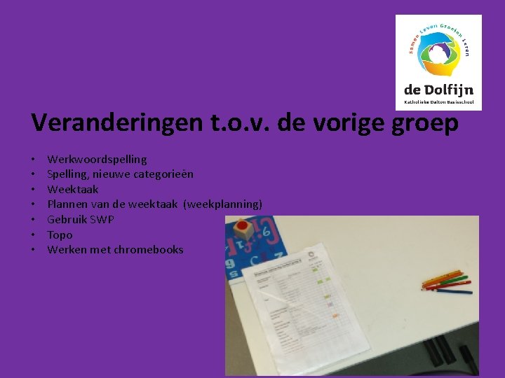 Veranderingen t. o. v. de vorige groep • • Werkwoordspelling Spelling, nieuwe categorieën Weektaak