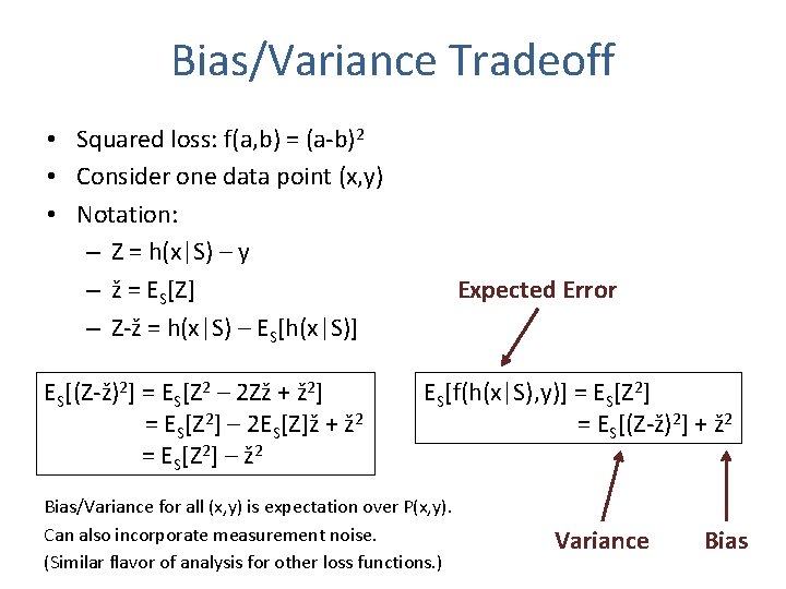 Bias/Variance Tradeoff • Squared loss: f(a, b) = (a-b)2 • Consider one data point