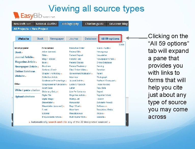 Viewing all source types Clicking on the “All 59 options” tab will expand a