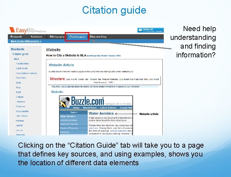 Citation guide Need help understanding and finding information? Clicking on the “Citation Guide” tab