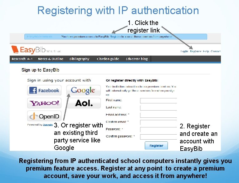 Registering with IP authentication 1. Click the register link 3. Or register with an